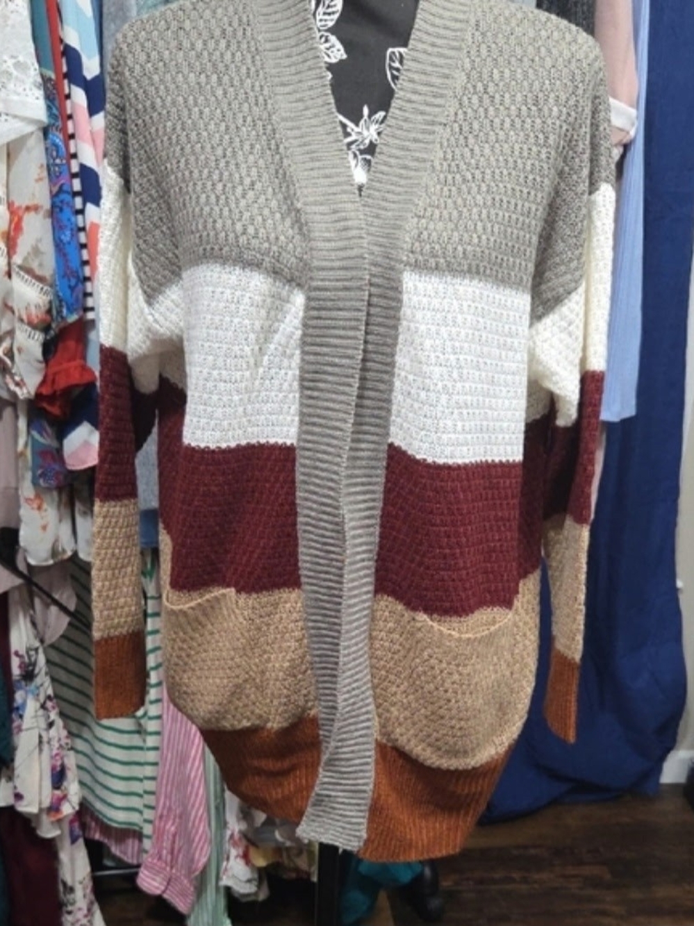 Colorblock Open-Front Knit Cardigan - Gray, White, Burgundy, Tan
